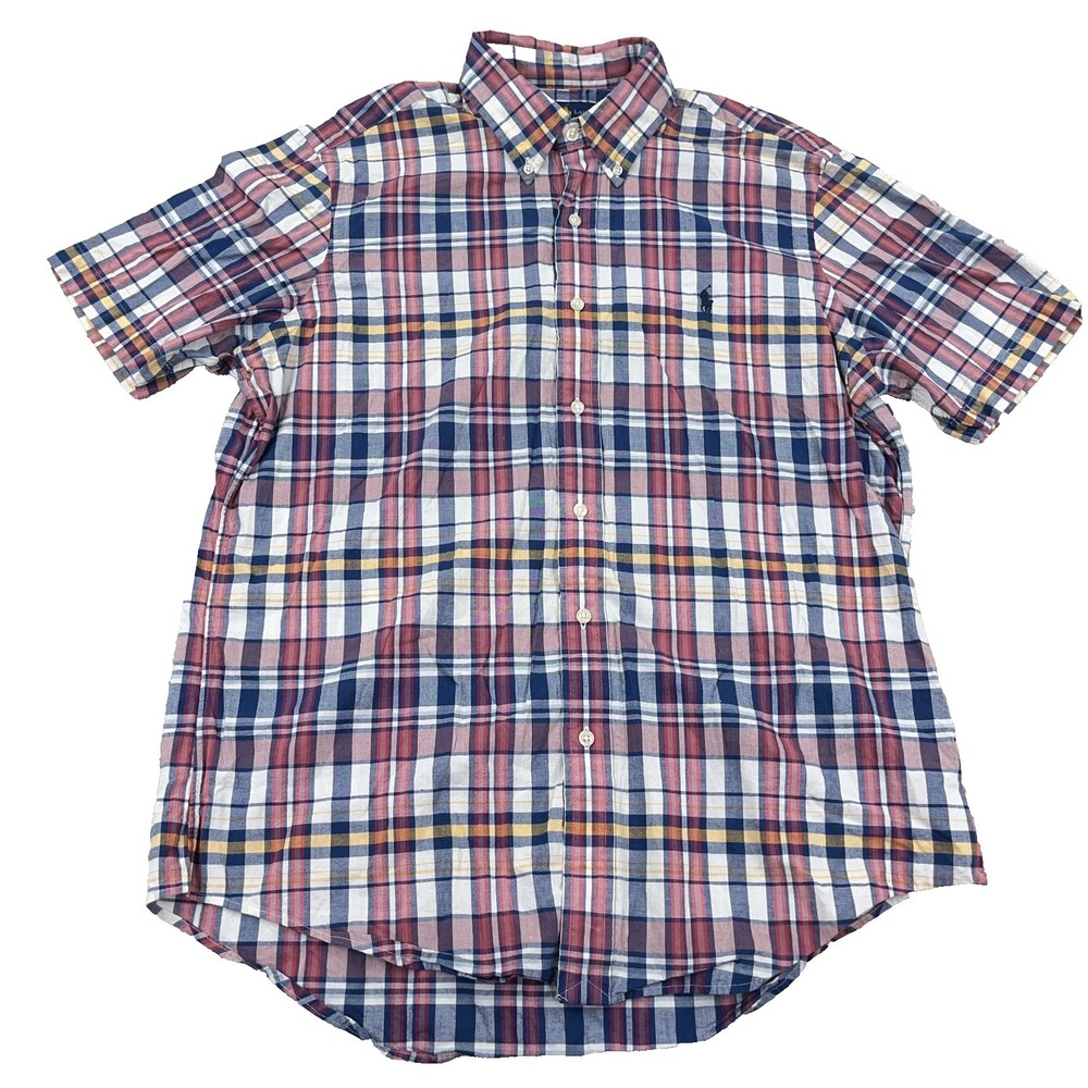 Ralph Lauren Shirt Men Large Red Blue Plaid Button Up Lightweight Cotton Camp